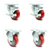 Service Caster 3 Inch Red Polyurethane Wheel Swivel Top Plate Caster Set with 2 Brake 2 Rigid SCC-20S314-PPUB-RED-TLB-TP2-2-R-2